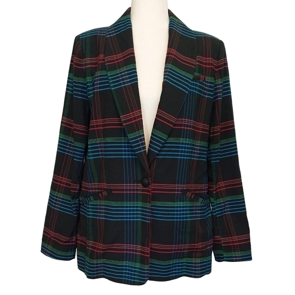 Cabi 3850 Holiday Blazer Black Multicolor Plaid Lightweight Longline Preppy